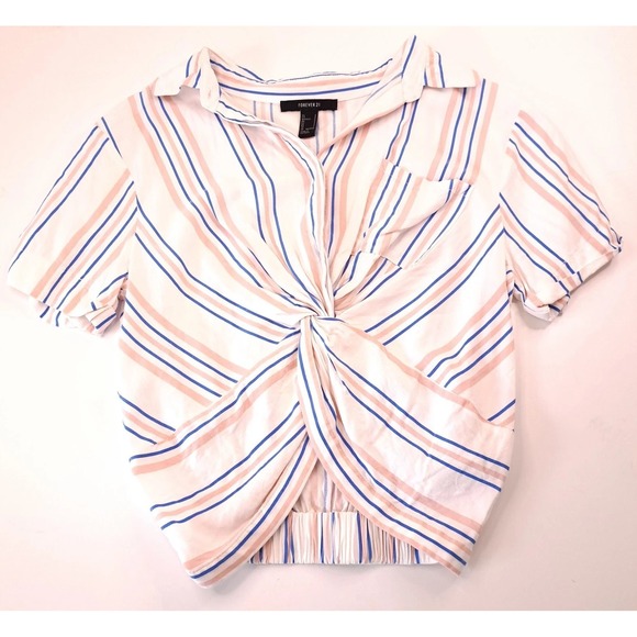 Forever21 Short Sleeve Crop Top Women S Front Knot White Pastel Striped Preppy - Picture 1 of 8